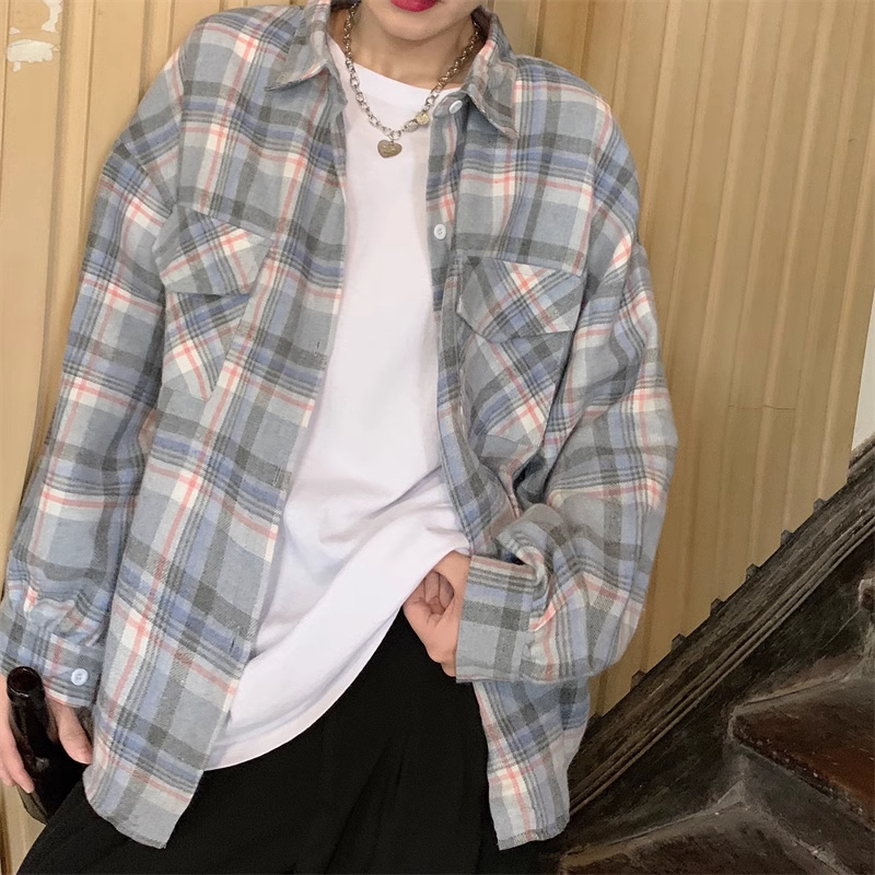 實拍  格子襯衫女寬鬆長袖百搭休閒學生2024春秋大碼韓版襯衣