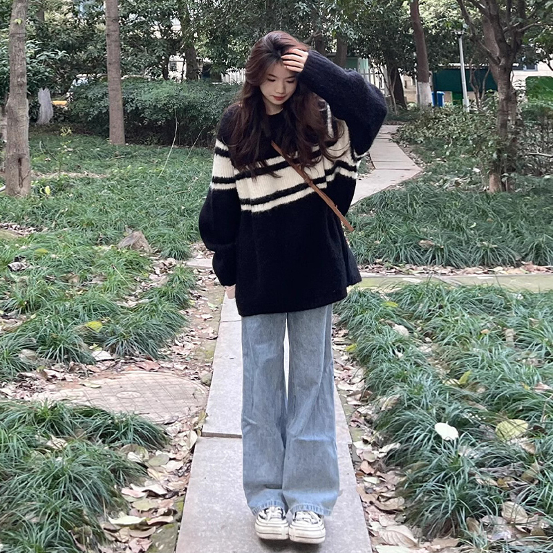 黑色條紋毛衣女秋冬季新款寬鬆慵懶風內搭加厚打底針織衫上衣