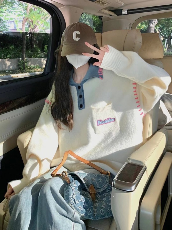 春季韓版寬鬆慵懶風毛衣學院風撞色POLO領套頭上衣