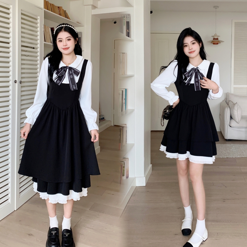 Plus size women's college style Korean style fake two piece dress women's spring and autumn waist Japanese style sweet doll collar little black dress