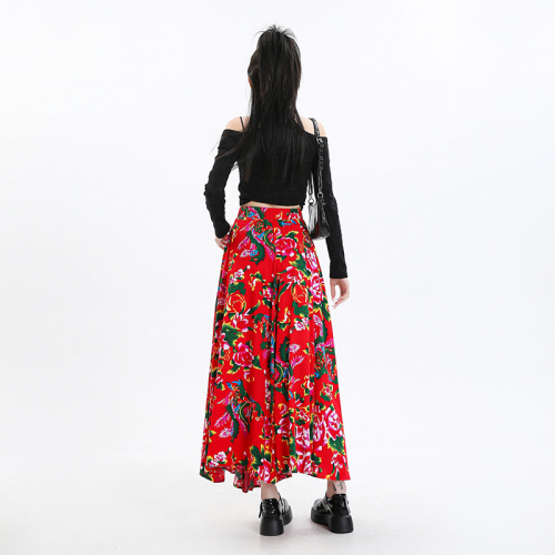 Real shot of Northeast Big Flower High Waist Long Half Skirt Women's Fat mm Casual Skirt Loose and Slim Hanging Skirt