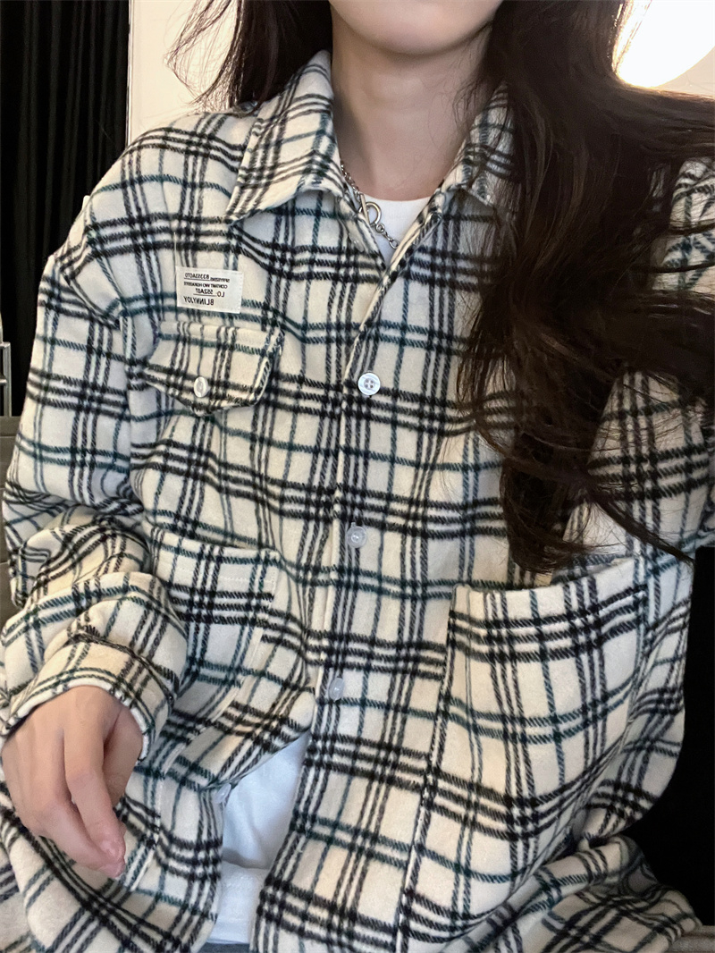 實拍2024早秋復古格子長袖襯衫外套女小眾外搭疊穿上衣