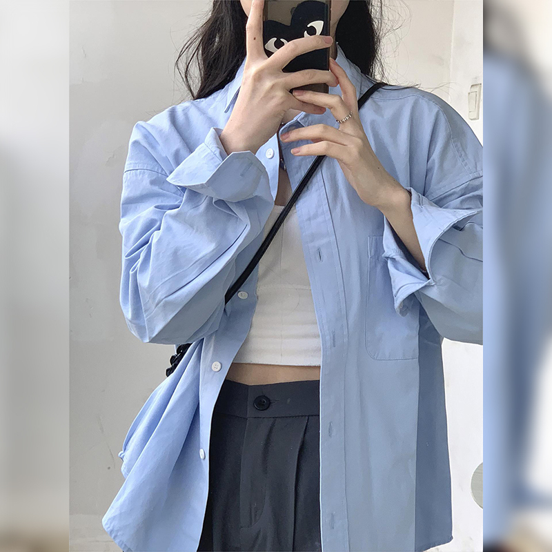 純棉防曬藍色襯衫女2024新款高級感小個子襯衣長袖上衣