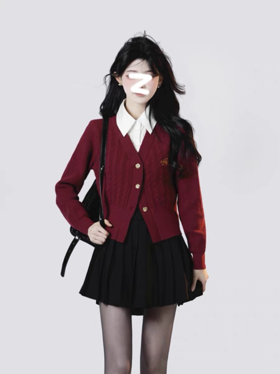 紅色假兩件針織開衫女秋冬季新款內搭打底小個子香風上衣