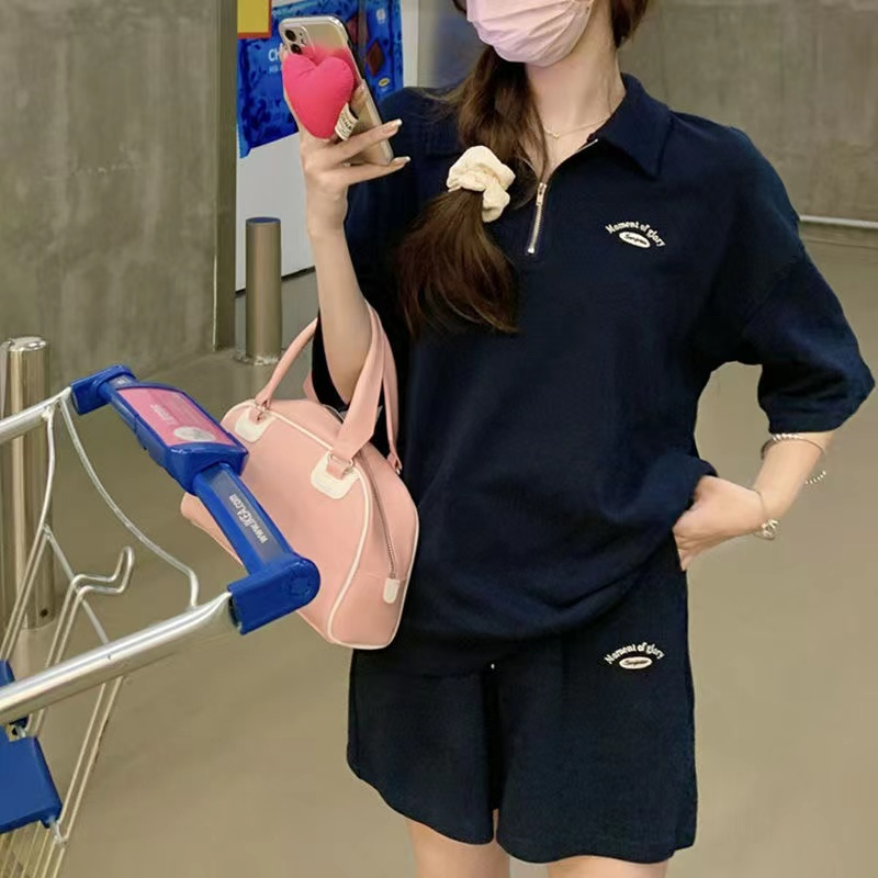 夏季新款運動服套裝女時尚寬鬆polo領學生短袖短褲休閒兩件套