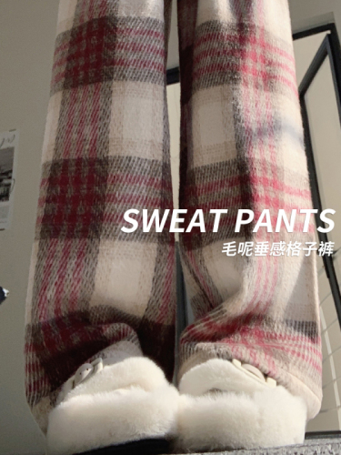 Original red plaid trousers for women spring and autumn new high-waisted loose casual narrow-edition woolen wide-leg trousers