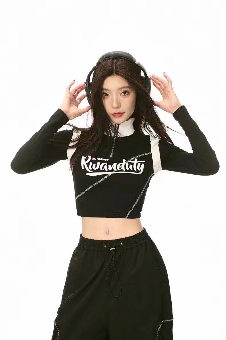 Autumn and winter unique American hot girl short slimming polo collar tops design bottoming shirts for women with long-sleeved T-shirts