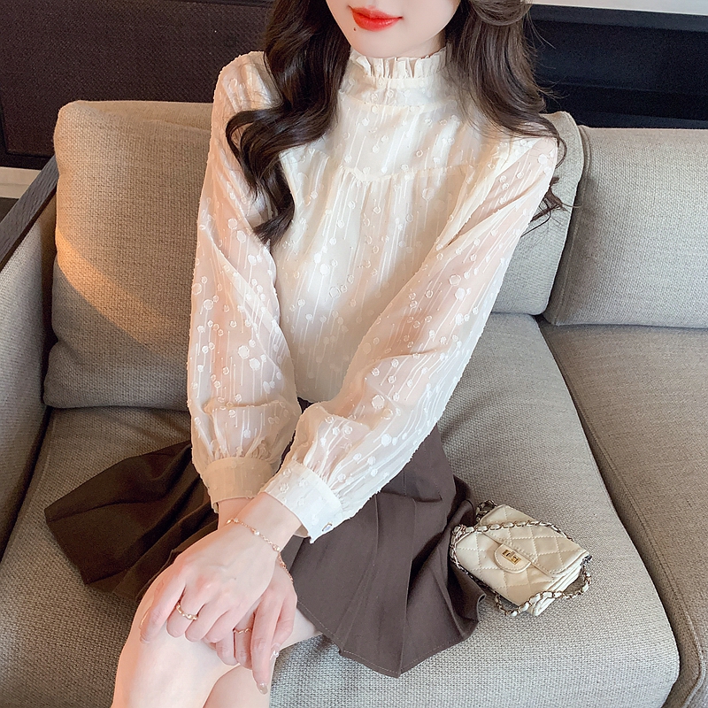 2024 new fashion and beautiful lace top chiffon shirt women's spring and autumn shirt western style half turtleneck bottoming shirt