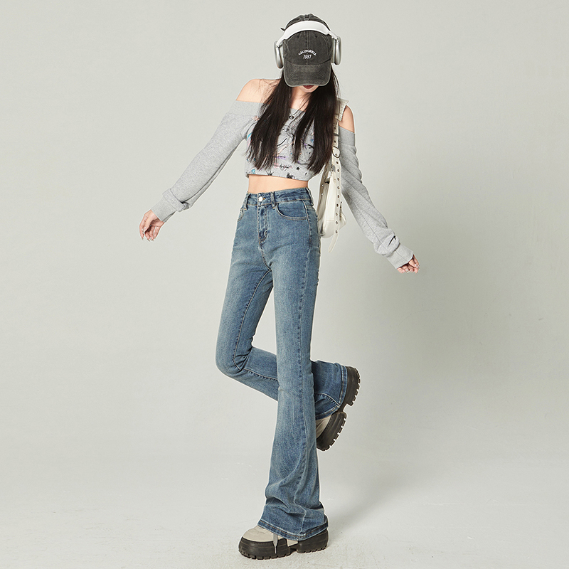 實拍 腰黑色長褲牛仔褲女2024年新款春季彈力修身微喇叭加長褲女