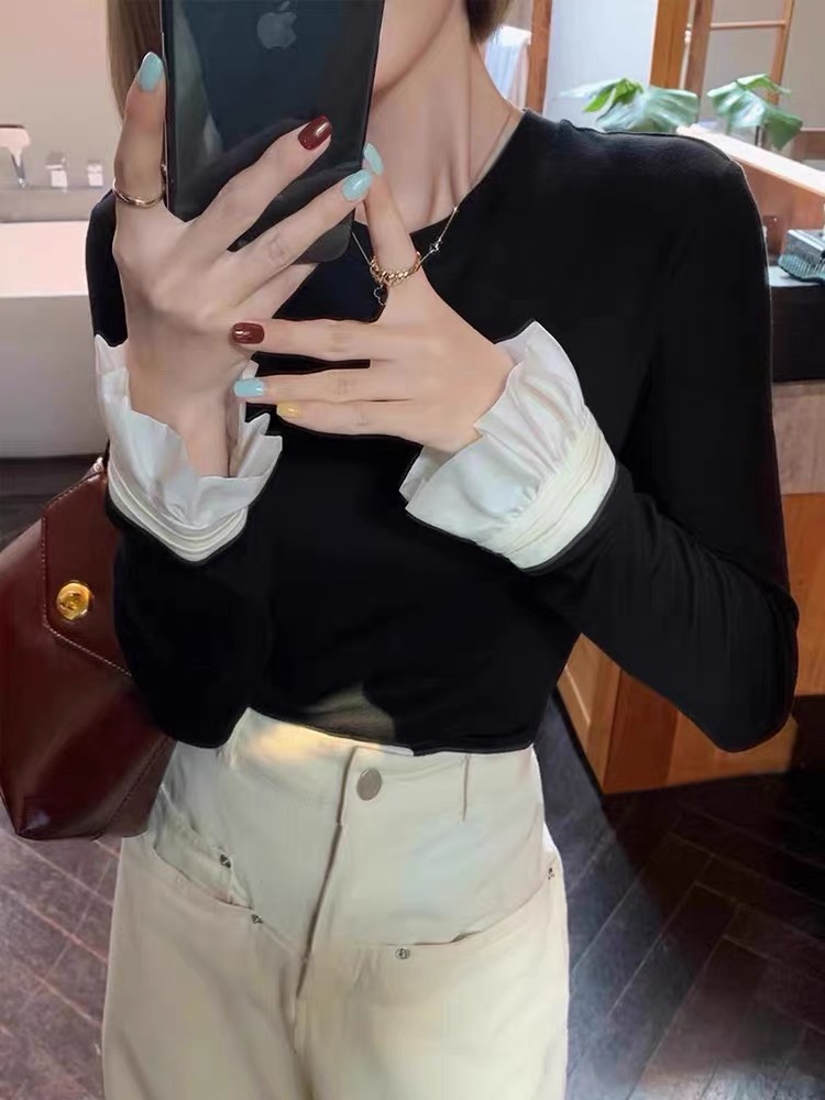 European bottoming shirt for women 2024 spring new Korean style lace contrasting long-sleeved T-shirt fashionable slim inner top