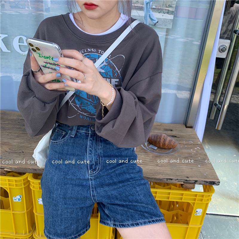 Real shot Korean style letter pattern printed round neck sweatshirt
