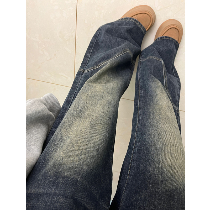美式高街oversize牛仔褲女春秋新款設計感小眾直筒寬鬆微喇褲