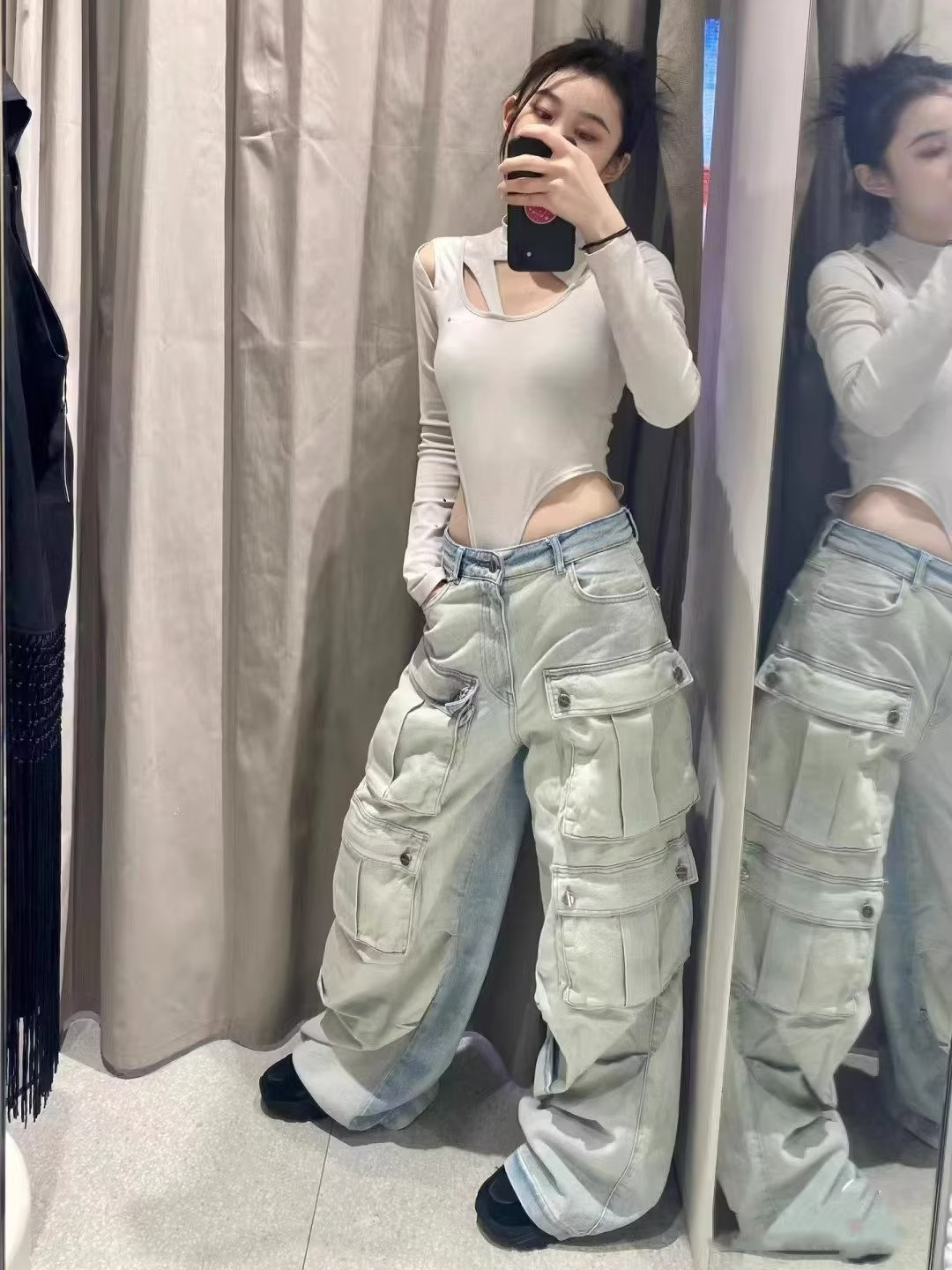 美式街頭vibe工裝牛仔褲女新款設計感多口袋寬鬆水洗闊腿褲子