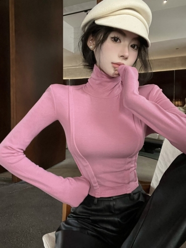 Actual shot of autumn and winter hot girl style slim fit waist-cinching short plus velvet warm high collar with shoulder pad bottoming shirt