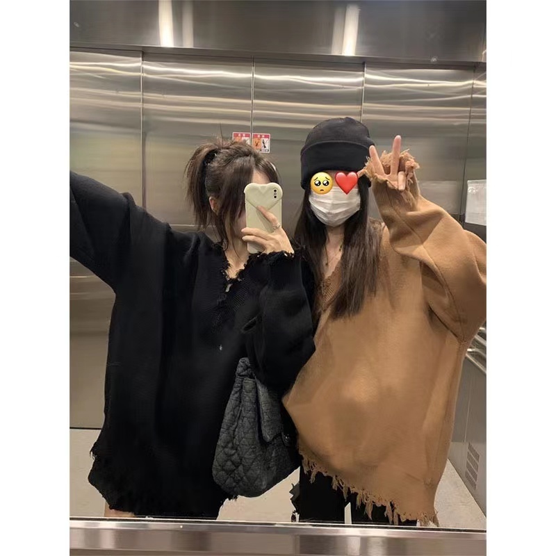 韓版v領流蘇慵懶風毛衣女款秋冬季設計感小眾針織衫寬鬆顯瘦上衣