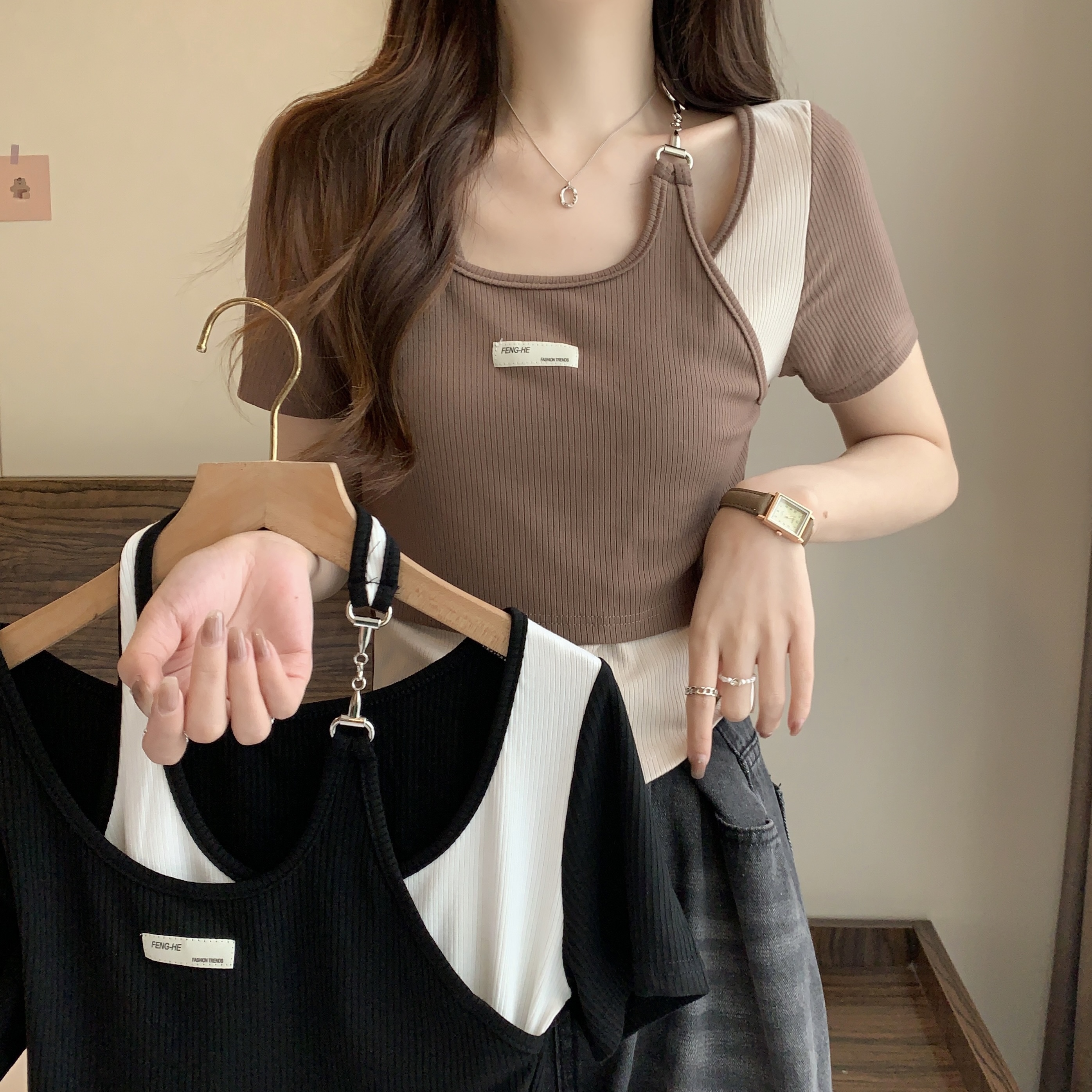 實拍不規則假兩件百搭短袖T恤女夏季小眾設計感辣妹短款上衣ins潮