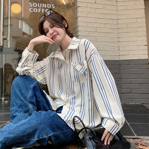 Actual shot of blue striped shirt for women 2024 new design niche Korean style casual long-sleeved shirt