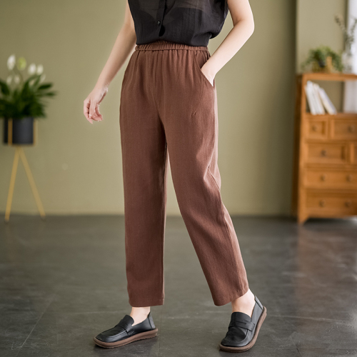 Actual shot of the new 2024 large size retro linen casual pants for women, artistic multi-color lace-up elastic waist harem pants