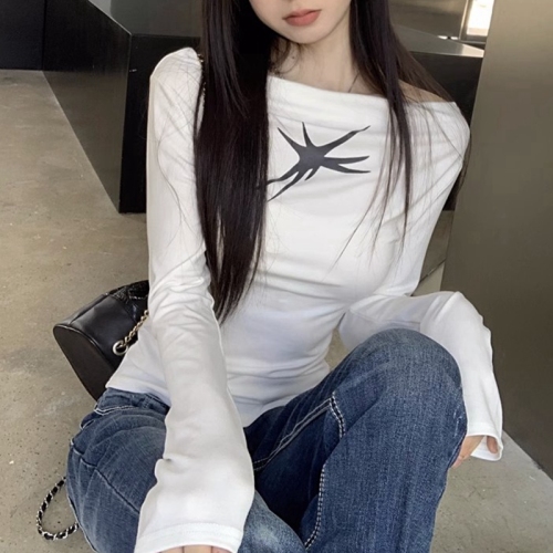 Quality Spring and Autumn New Pure Desire Hot Girl Gray Slim Slim Shoulder Multi-Wear Bottoming Top