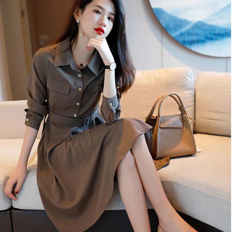 Temperament long-sleeved dress for women spring new French niche waist slimming POLO collar mid-length skirt