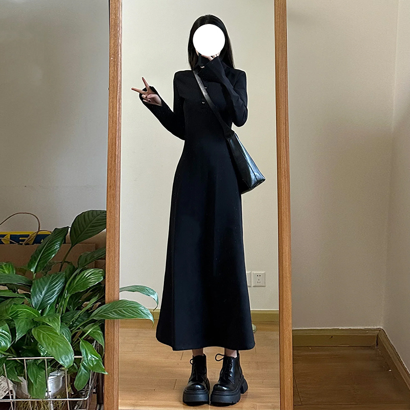 French high-end black knitted dress women's autumn and winter new style inner bottoming long skirt