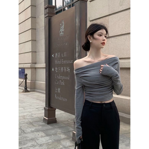 260g Modal 1*1 temperament slim and sweet one-shoulder T-shirt women's long-sleeved spring and summer new style pure desire