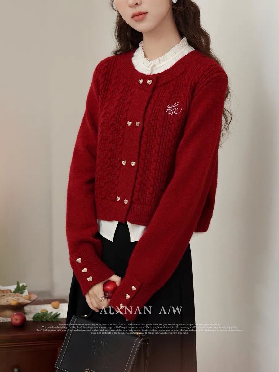 櫻桃日記假兩件紅色毛衣女款新款冬季加厚秋冬上衣