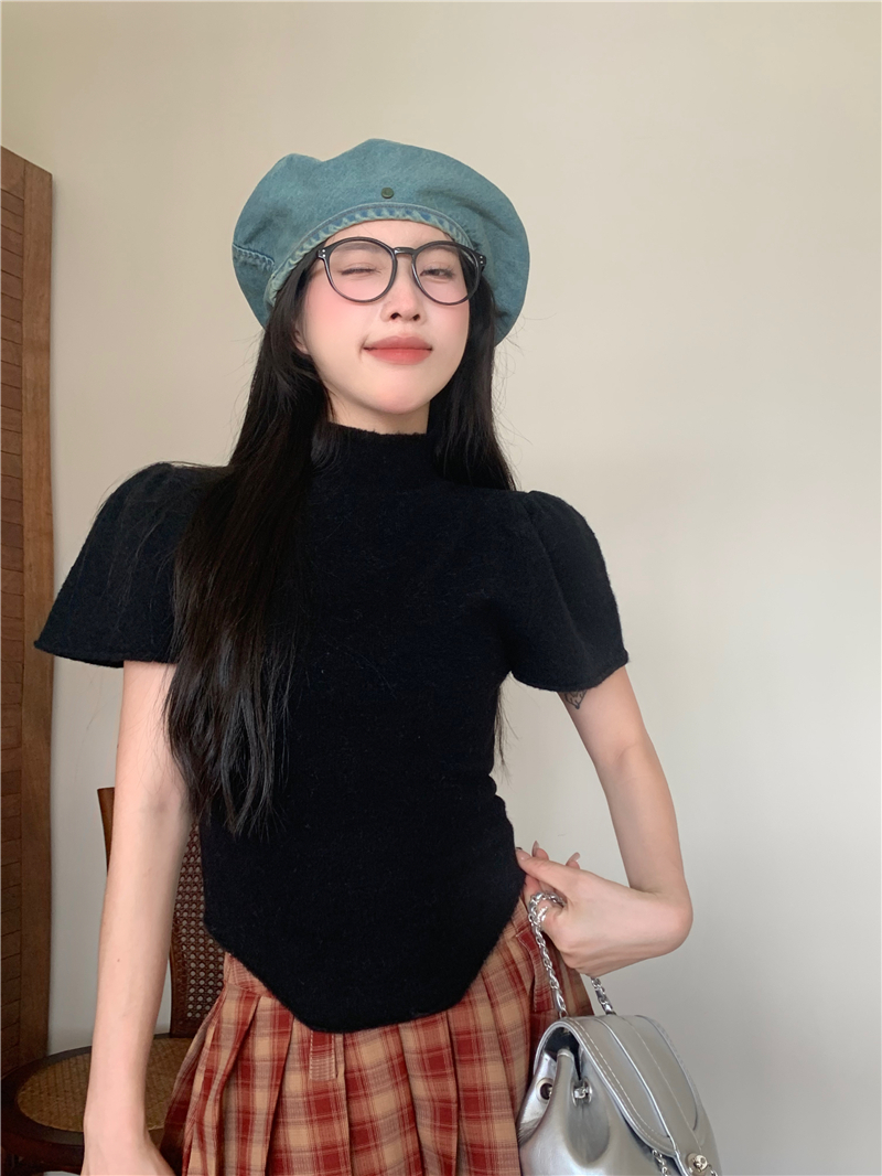 實拍 新款 韓系設計感微高領洋氣兔毛短袖泡泡袖毛衣