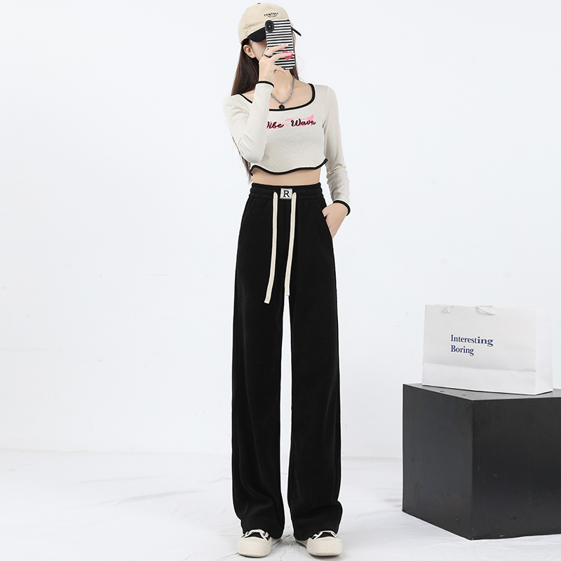 Actual shot of 2024 early spring fashion trend elastic narrow wide-leg pants high-waist drape loose casual wide-leg pants