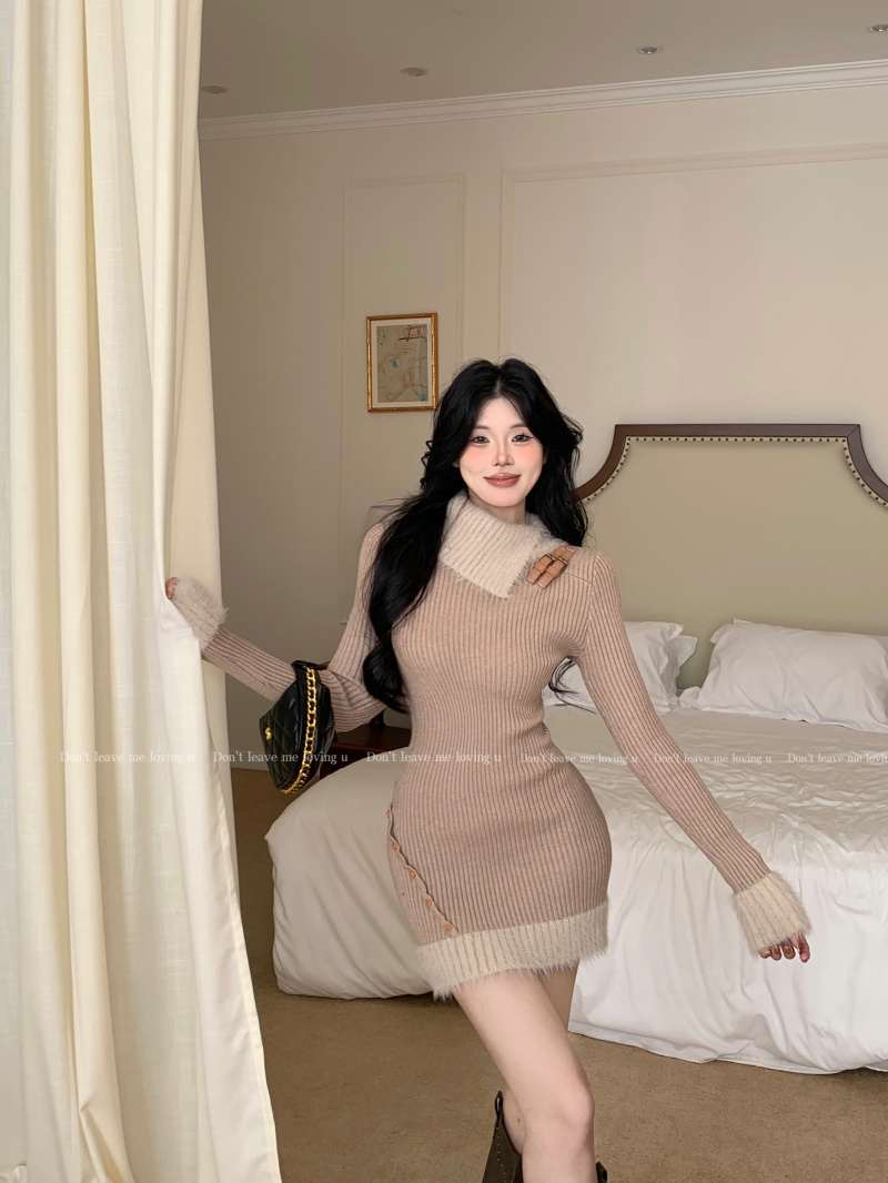 實拍 美拉德貂毛坑條拼接針織毛衣連衣裙秋冬女短裙