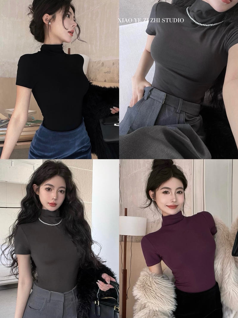 Real shot of French retro half-high collar, high elastic inner and velvet bottoming shirt, short-sleeved T-shirt, slim knitted top