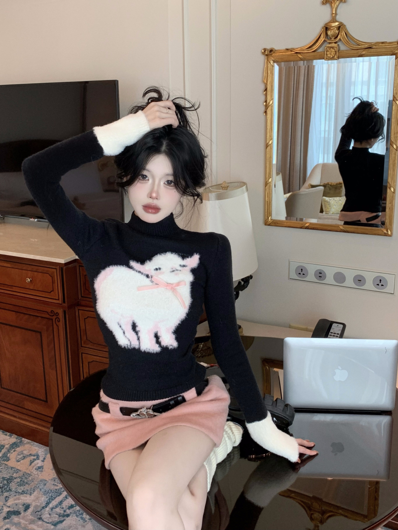 實拍 羊咩芭比黑色慵懶毛衣套裝女粉色高腰毛呢半身裙兩件套