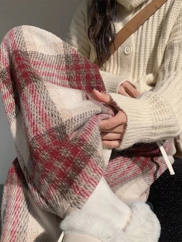 Original red plaid trousers for women spring and autumn new high-waisted loose casual narrow-edition woolen wide-leg trousers