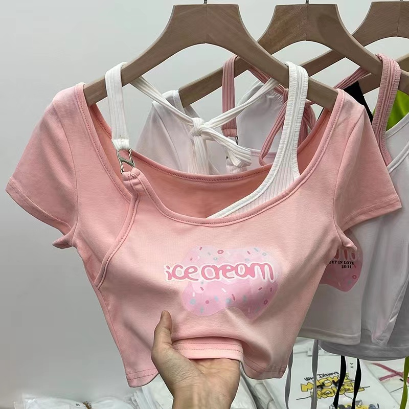 純欲獨特别致漂亮甜辣妹性感短款低領掛脖上衣設計感短袖t恤女夏