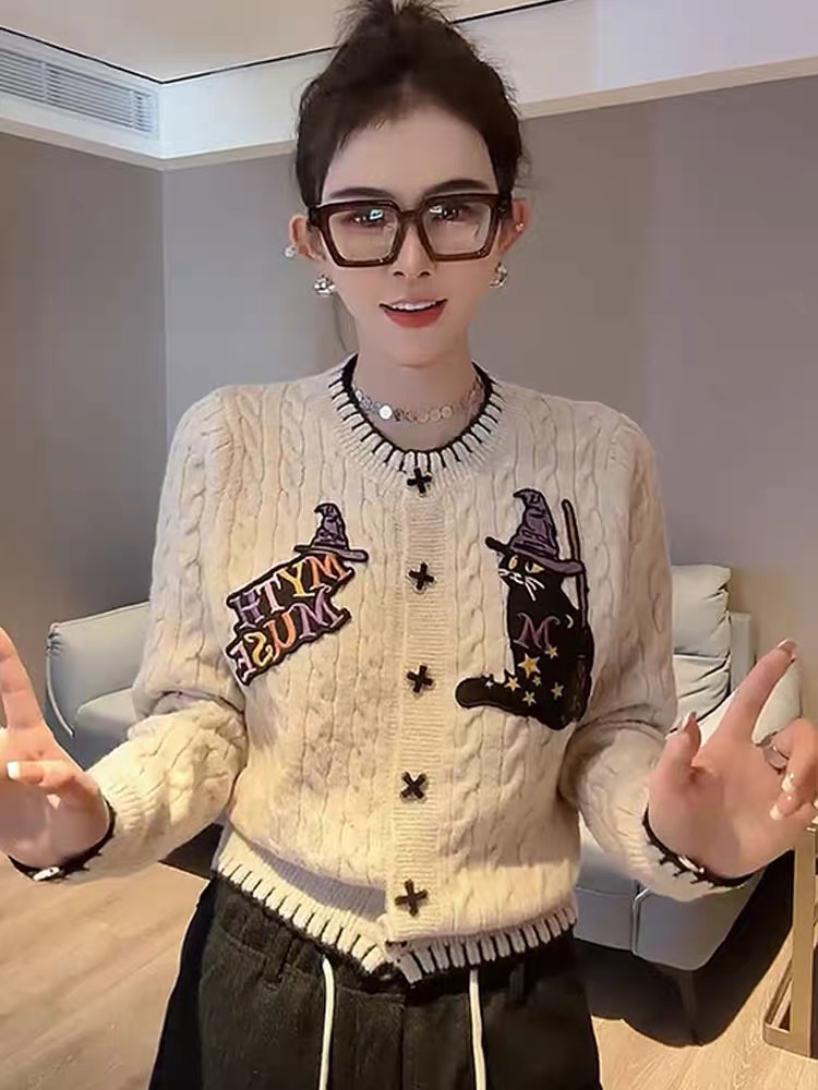 復古圓領針織開衫女新款秋季小個子短款毛衣外套刺繡印花上衣