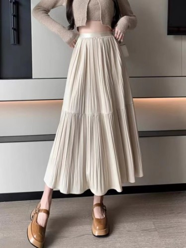 Suitable for thick hips and thighs, spring and autumn retro Hong Kong style mid-length A-line skirt with large hem, umbrella skirt, high waist and puffy skirt