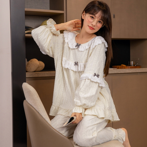 Doll Collar Bow 2024 Spring and Autumn Korean Version New Internet Celebrity Long Sleeve Long Pants Pajamas Women's Home Clothes Official Picture
