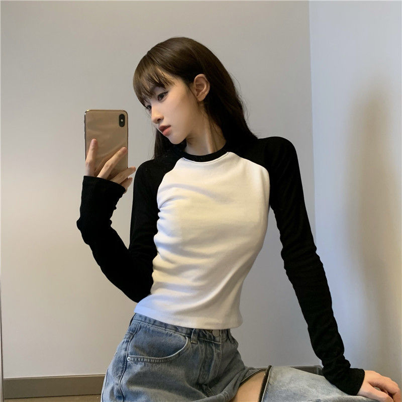 Rayon 93 cotton 7 spandex hot girl printed long-sleeved shoulder T-shirt women's autumn new tops long-sleeved tops