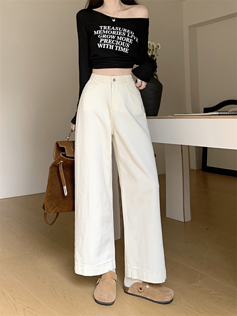 Real shot of off-white wide-leg jeans for women, spring design pants, slim, high-waisted straight pants, petite trousers