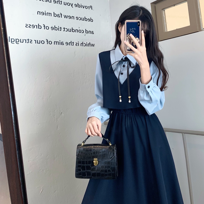 Plus size women's fake two-piece dress women's spring and autumn 2024 new French retro design temperament long skirt