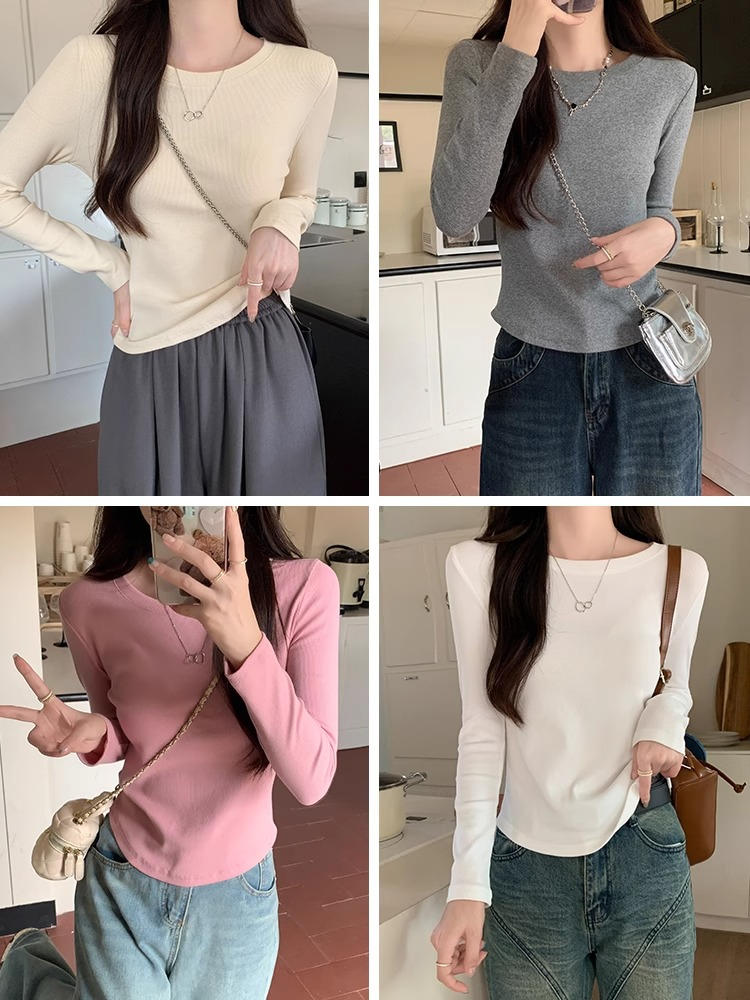 Official picture German velvet round neck long-sleeved T-shirt for women spring and autumn new slim fit top bottoming shirt solid color temperament inner wear