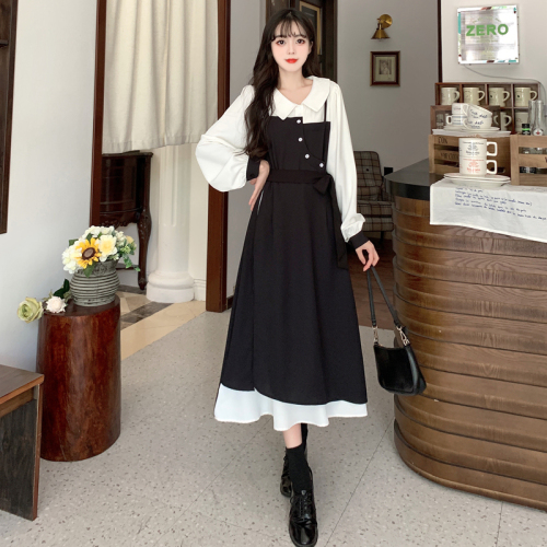 Plus size women's French niche design dress spring and autumn fat mm irregular temperament Hepburn style A-line long skirt