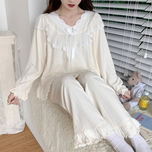 Simple pajamas women's lace solid color long-sleeved trousers 2024 spring and autumn new high-end home wear official picture