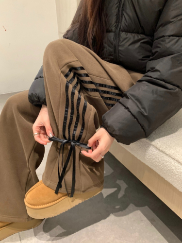 Striped four-stripe sweatpants, bow-knotted velvet casual pants, women's winter loose wide-leg pants, floor-length trousers