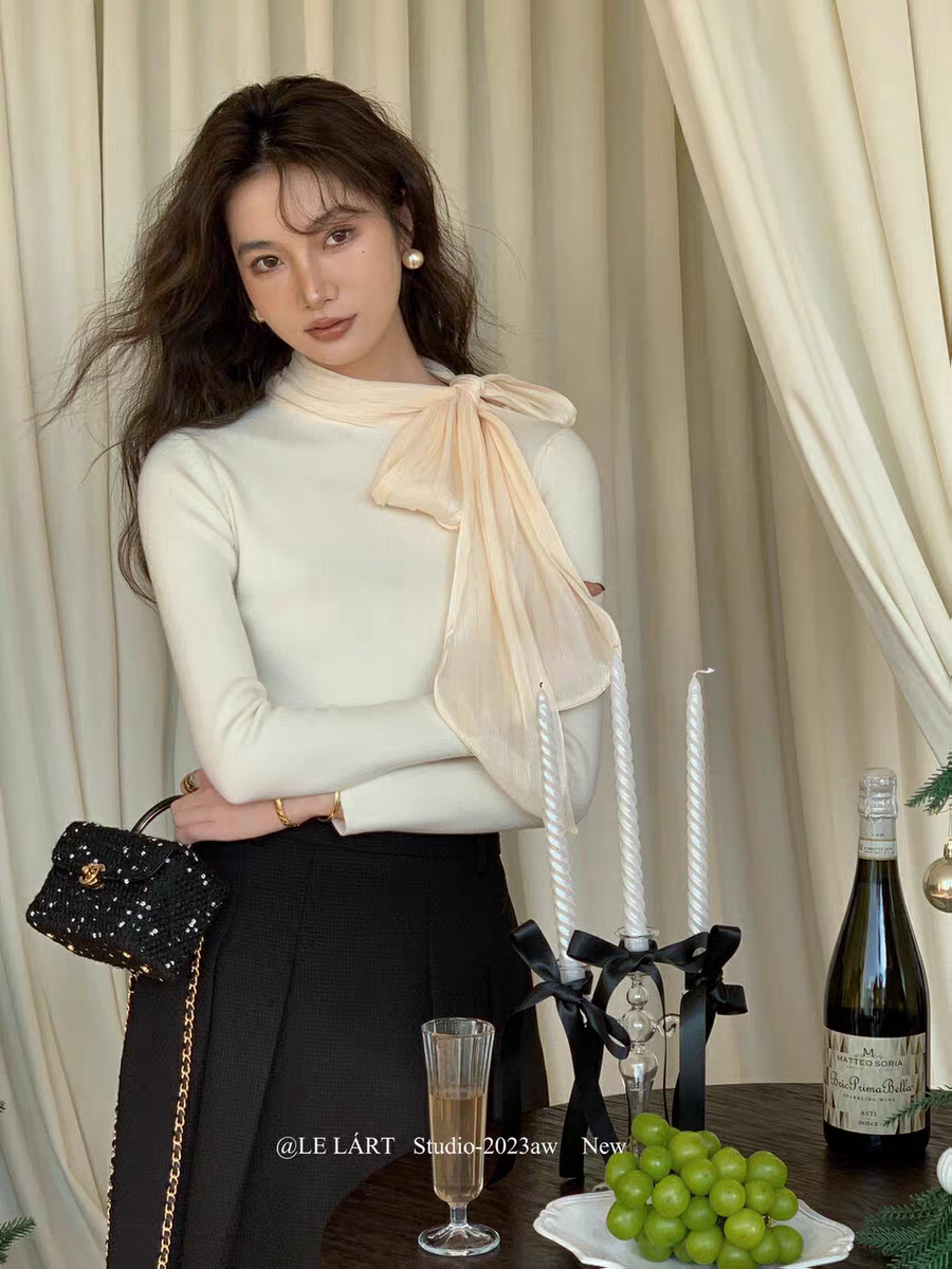 LELART 秋冬法式名媛氣質針織衫顯瘦高級感飄帶蝴蝶結優雅毛衣女