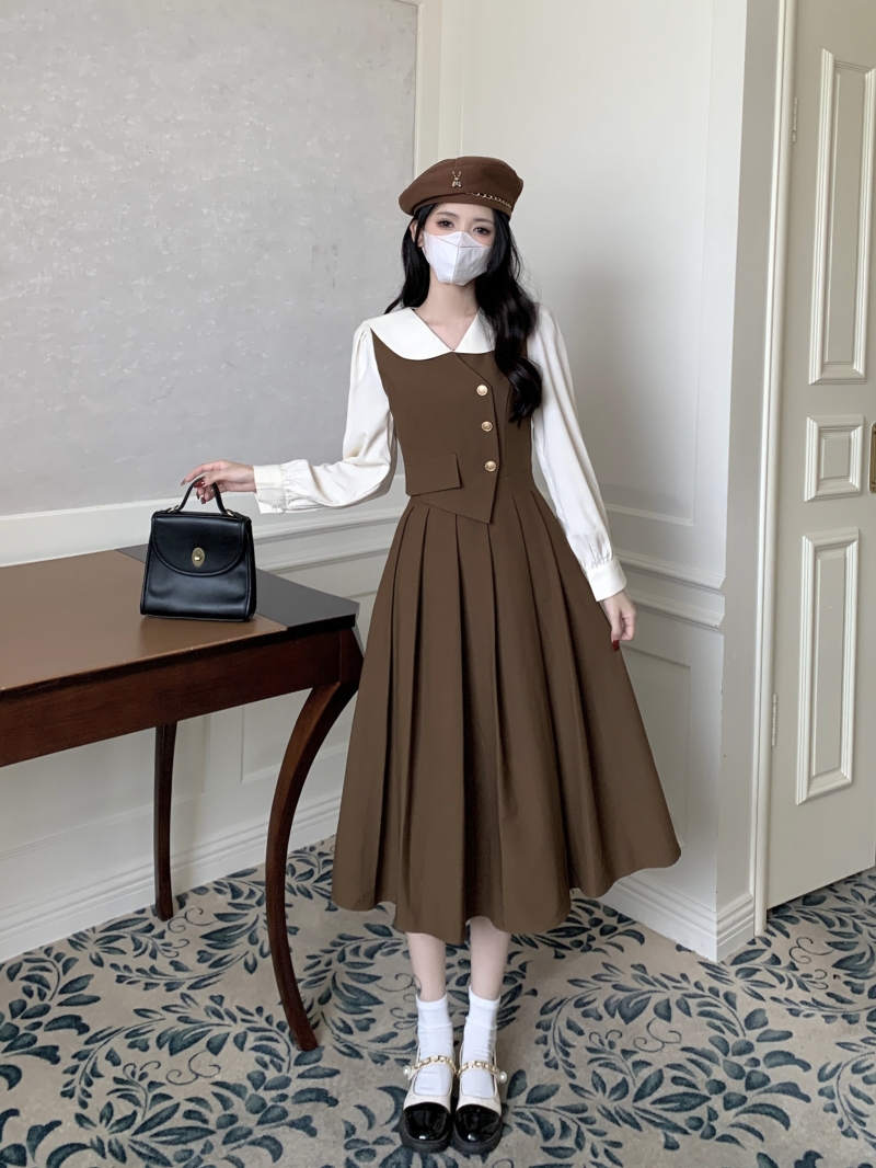 Plus size women's college style fake two-piece long-sleeved dress spring and autumn retro commuter pleated long skirt for small people