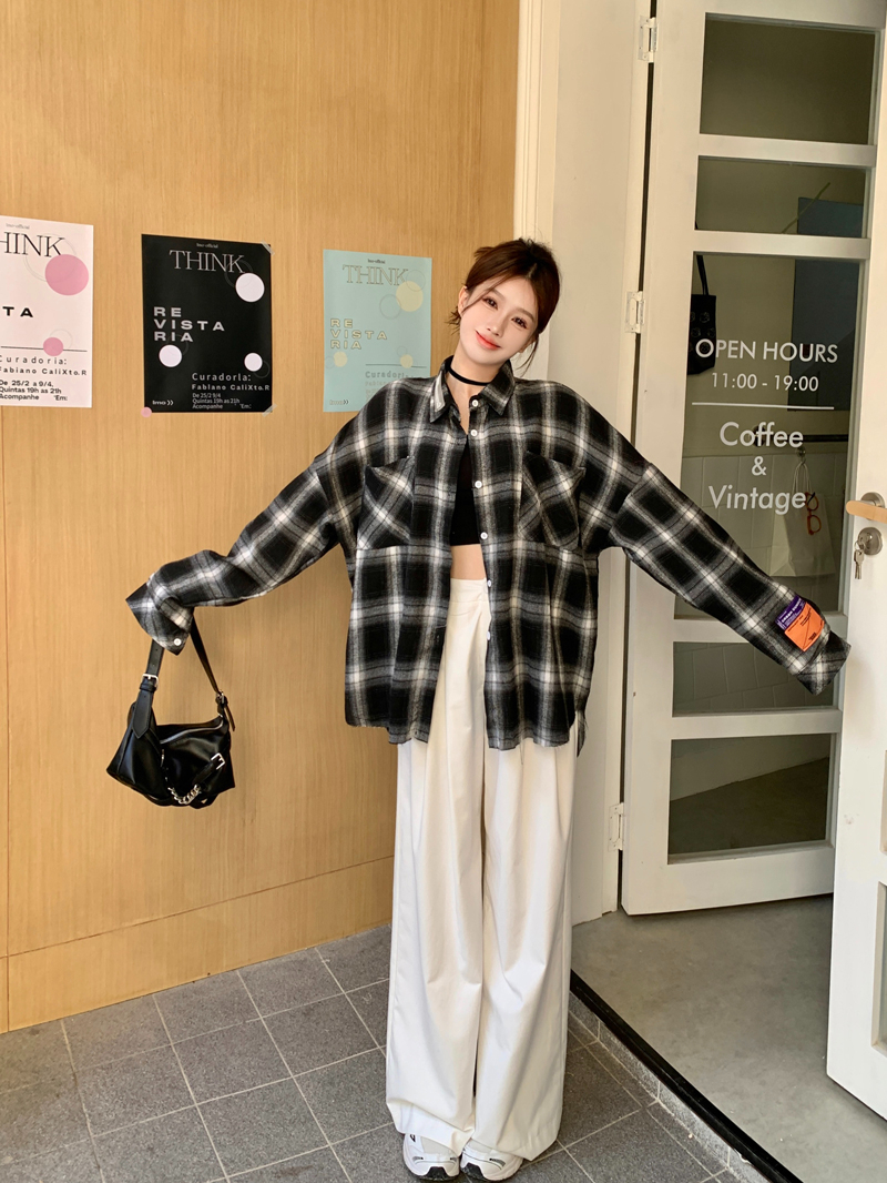 實拍百搭黑白格子襯衣外套女春季情侶休閒襯衫Polo領上衣