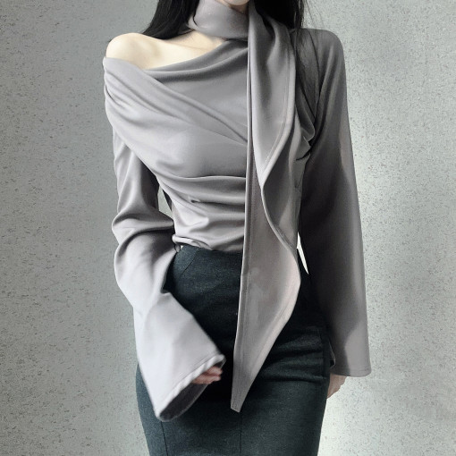 Korean chic spring new design halter neck one-shoulder pleated long-sleeved T-shirt feminine slimming top