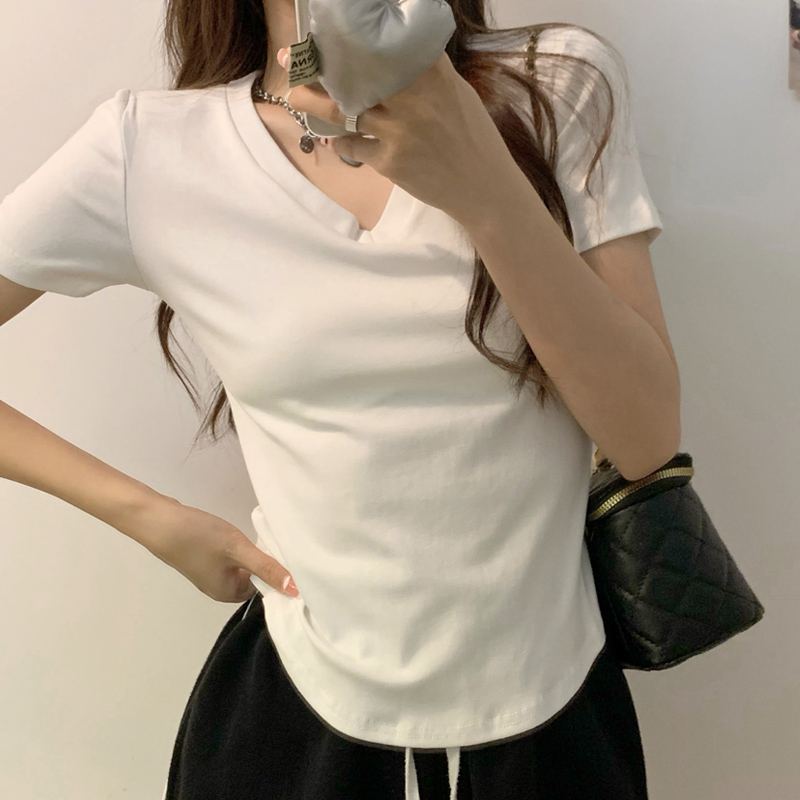 原版螺紋棉胖MM大碼200斤夏季V領短袖t恤女弧形下擺洋氣上衣