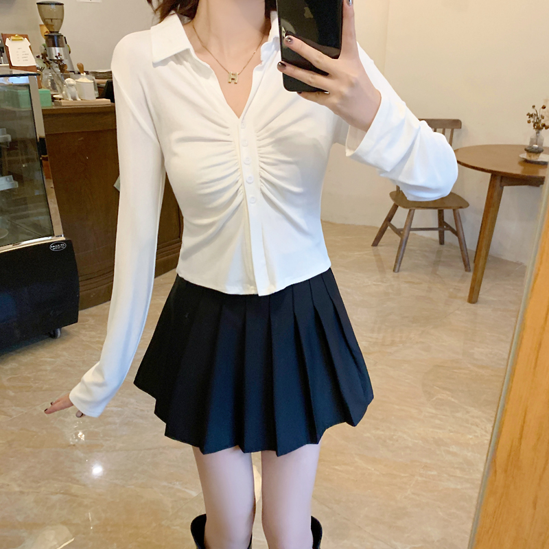 Real shot of the new autumn and winter women's design pleated long-sleeved T-shirt, slim fit, small lapel, pure lust style top
